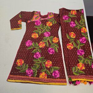 Women's Traditional Floral Embroidered Wine Colored Kameez & Dupatta 2 Piece Set